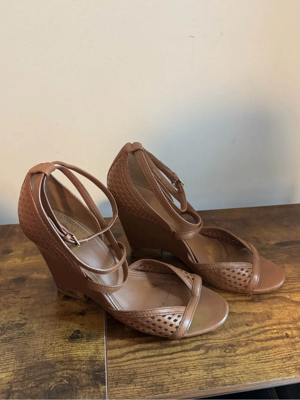 Tory Burch Tan Wedge Sandals with Ankle Straps Size 9 1/2